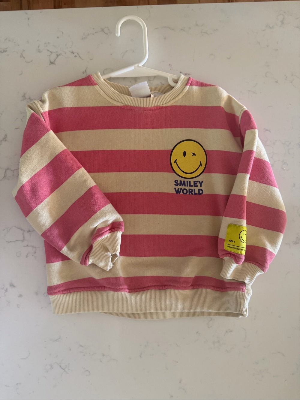 Zara Pink & Cream Striped Kids Sweatshirt with Smiley Patch